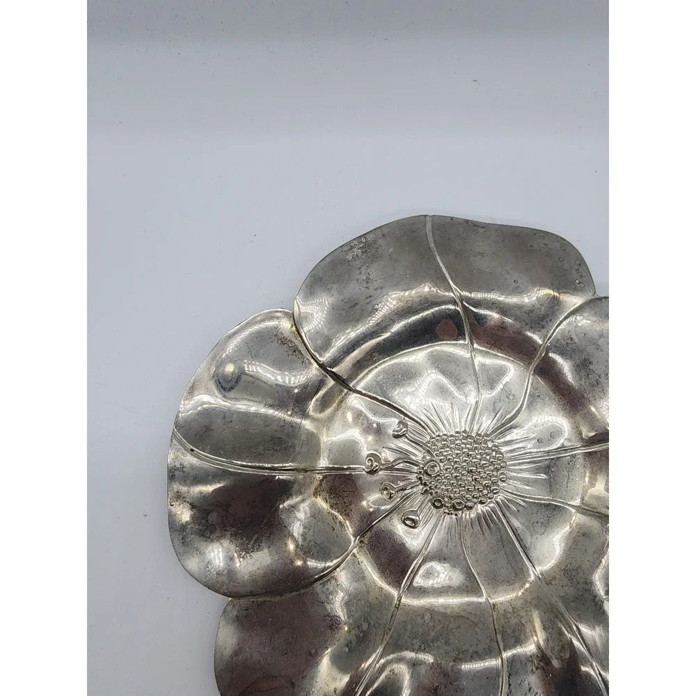 Vintage Silver Tone Poppy Flower Trinket Dish Decorative Metal Floral Tray 7.25